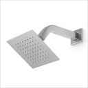 A modern square rain shower head with a curved wall-mounted arm, finished in a brushed silver/chrome metallic material, shown against a plain white background.