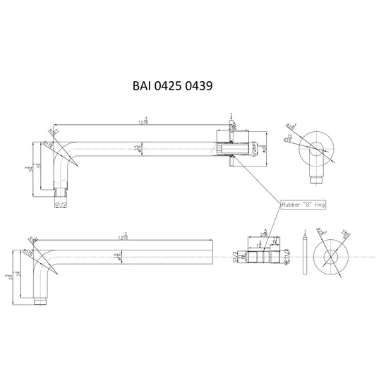 Technical drawings for BAI 0425 Wall Mounted 12-inch Shower Head Arm in Polished Chrome Finish