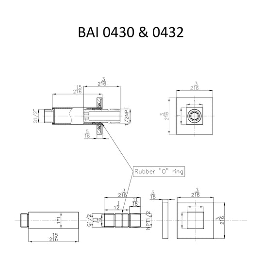 Technical drawings for BAI 0430 Ceiling Mounted 3-inch Shower Head Arm in Polished Chrome Finish