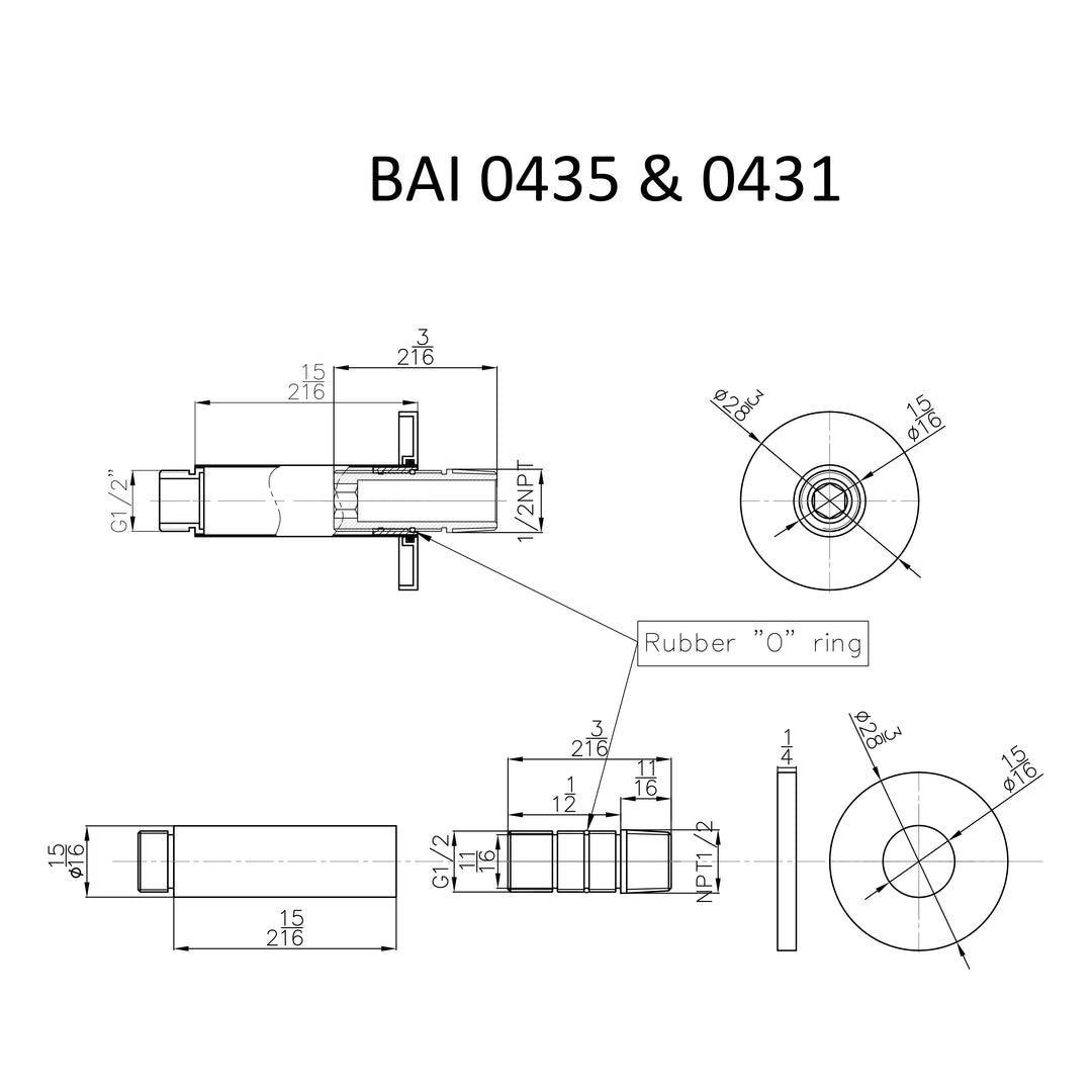 Technical drawings for BAI 0435 Ceiling Mounted 3-inch Shower Head Arm in Brushed Nickel Finish