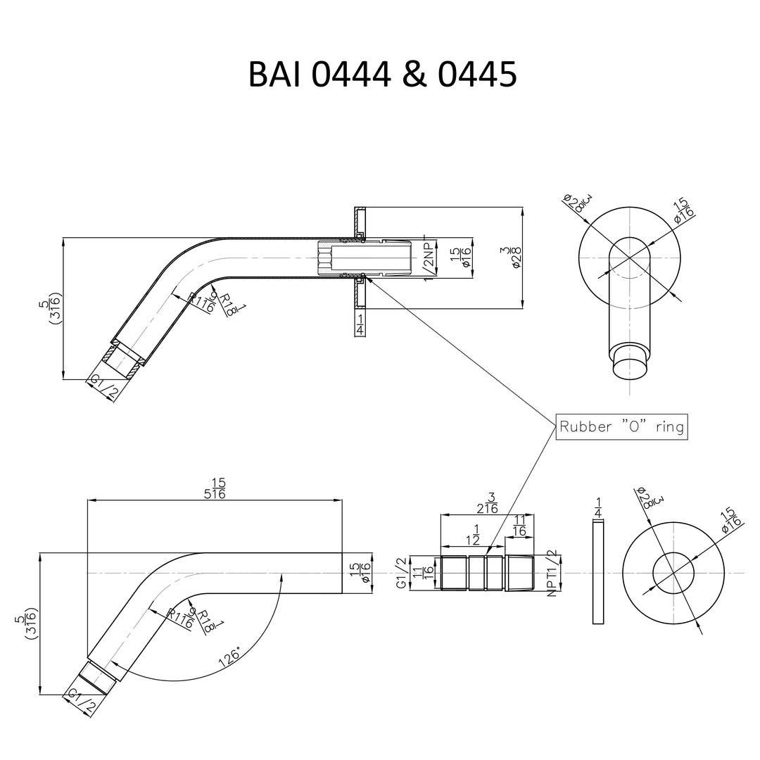 Technical drawings for BAI 0444 Wall Mounted 45 Degree 6-inch Shower Head Arm in Polished Chrome Finish