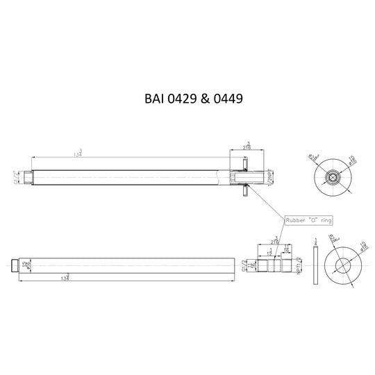 Technical drawings for BAI 0449 Ceiling Mounted 14-inch Shower Head Arm in Brushed Nickel Finish