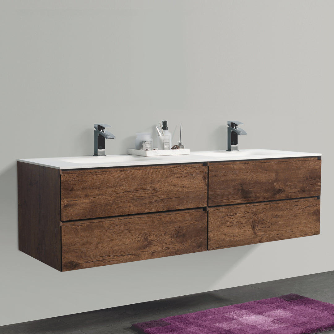 BAI 0884 Wall Hung 84-inch Bathroom Vanity in Rose Wood Finish