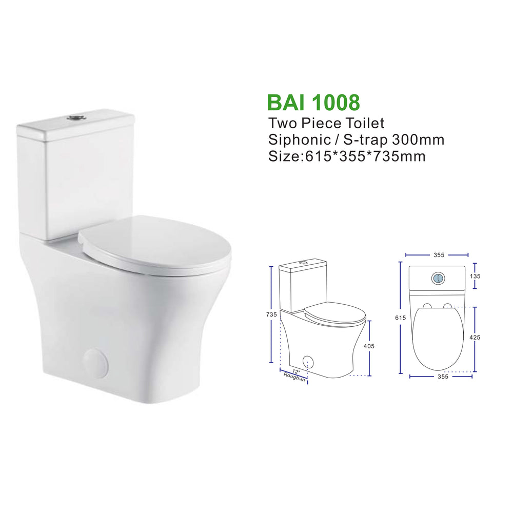 BAI 1008 Modern Toilet – Two Piece Dual Flush with Soft-Close Seat