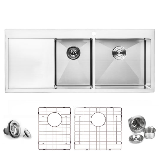 BAI 1234 Stainless Steel 16 Gauge Kitchen Sink Handmade 48-inch Top Mount Double Bowl with Drainboard