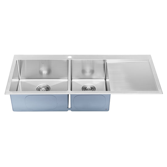 BAI 1235 Stainless Steel 16 Gauge Kitchen Sink Handmade 48-inch Top Mount Double Bowl with Drainboard