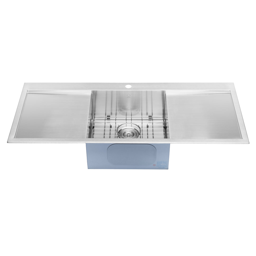 BAI 1237 Stainless Steel 16 Gauge Kitchen Sink Handmade 48-inch Top Mount Single Bowl with 2 Drainboards