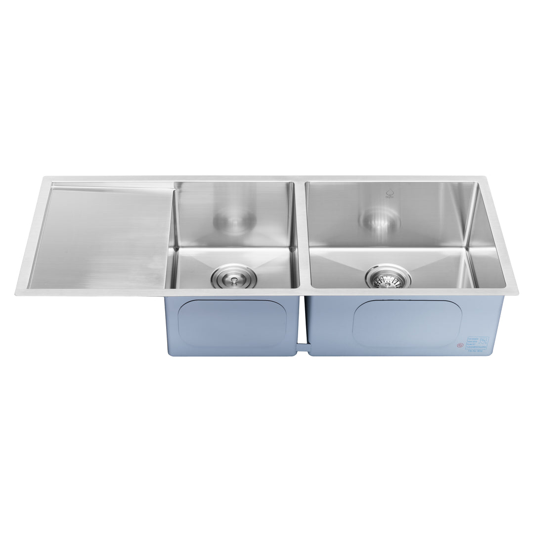 BAI 1254 Stainless Steel 16 Gauge Kitchen Sink Handmade 45-inch Undermount Double Bowl with Drainboard