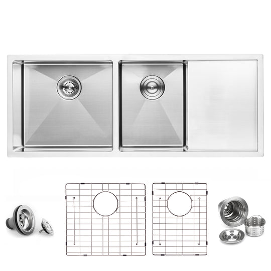 BAI 1255 Stainless Steel 16 Gauge Kitchen Sink Handmade 45-inch Undermount Double Bowl with Drainboard