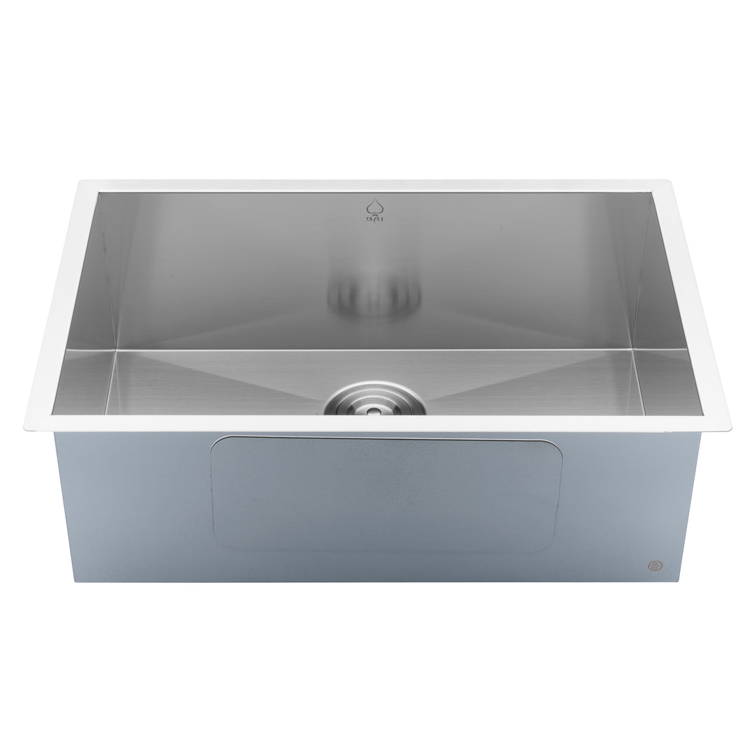 BAI 1290 Stainless Steel 16 Gauge Kitchen Sink Handmade 27-inch Undermount Zero Radius Single Bowl