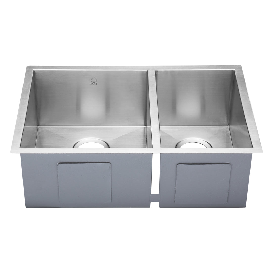 BAI 1292 Stainless Steel 16 Gauge Kitchen Sink Handmade 27-inch Undermount Zero Radius Double Bowl