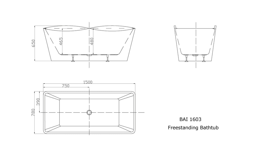 Technical drawings for BAI 1603 Acrylic Freestanding Soaking Bathtub 59-inches. 