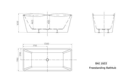 Technical drawings for BAI 1603 Acrylic Freestanding Soaking Bathtub 59-inches. 