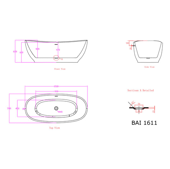 Technical drawings for BAI 1611 Acrylic Freestanding Soaking Bathtub 59-inches