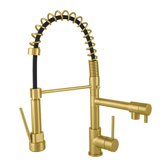 BAI 2611 Single Handle Kitchen Faucet with 2 Spouts and Pull-Down Spray in Brushed Gold Finish