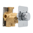 A modern wall-mounted single-handle shower valve trim with a polished chrome  square faceplate and cylindrical knob, paired with a polished brass valve body and a dark metal mounting plate, shown on a white background.
