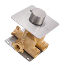 A modern wall-mounted single-handle shower valve trim with a brushed nickel square faceplate and cylindrical knob, paired with a polished brass valve body and a dark metal mounting plate, shown on a white background.