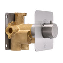 A modern wall-mounted single-handle shower valve trim with a brushed nickel square faceplate and cylindrical knob, paired with a polished brass valve body and a dark metal mounting plate, shown on a white background.
