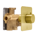 A modern wall-mounted single-handle shower valve trim with a brushed gold square faceplate and cylindrical knob, paired with a polished brass valve body and a dark metal mounting plate, shown on a white background.