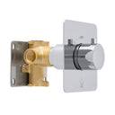A modern polished chrome single-handle on/off shower valve trim with a brass valve body and a silver metal mounting plate, shown on a solid white background.