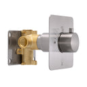 A modern brushed nickel single-handle on/off shower valve trim with a brass valve body and a silver metal mounting plate, shown on a solid white background.