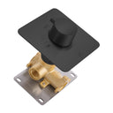 A modern matte black single-handle on/off shower valve trim with a brass valve body and a silver metal mounting plate, shown on a solid white background.