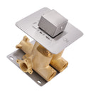 A modern wall-mounted shower valve trim featuring a brushed brass main body, a square brushed nickel control faceplate with a brushed nickel knob, and a gray metal mounting plate, shown on a solid white background.
