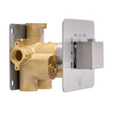 A modern wall-mounted shower valve trim featuring a brushed brass main body, a square brushed nickel control faceplate with a brushed nickel knob, and a gray metal mounting plate, shown on a solid white background.