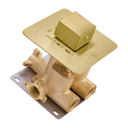 A modern wall-mounted shower valve trim featuring a brushed brass main body, a square brushed gold control faceplate with a brushed gold knob, and a gray metal mounting plate, shown on a solid white background.