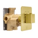 A modern wall-mounted shower valve trim featuring a brushed brass main body, a square brushed gold control faceplate with a brushed gold knob, and a gray metal mounting plate, shown on a solid white background.