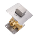 A modern wall-mounted on/off shower valve trim with a brushed nickel square control faceplate and lever, attached to a brass valve body and a silver metal mounting plate, shown on a white background.