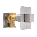 A modern wall-mounted on/off shower valve trim with a brushed nickel square control faceplate and lever, attached to a brass valve body and a silver metal mounting plate, shown on a white background.