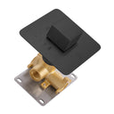 A modern wall-mounted on/off shower valve trim with a matte black square control faceplate and lever, attached to a brass valve body and a silver metal mounting plate, shown on a white background.