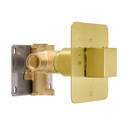 A modern wall-mounted on/off shower valve trim with a brushed gold square control faceplate and lever, attached to a brass valve body and a silver metal mounting plate, shown on a white background.