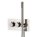 A modern wall-mounted shower system with two round brushed nickel control knobs on a rectangular backplate, a vertical brushed nickel hand shower rod, and a coiled flexible hose, shown against a plain white background.