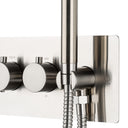A modern wall-mounted shower system with two round brushed nickel control knobs on a rectangular backplate, a vertical brushed nickel hand shower rod, and a coiled flexible hose, shown against a plain white background.