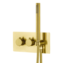 A modern wall-mounted shower system with two round brushed gold control knobs on a rectangular backplate, a vertical brushed gold hand shower rod, and a coiled flexible hose, shown against a plain white background.
