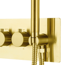 A modern wall-mounted shower system with two round brushed gold control knobs on a rectangular backplate, a vertical brushed gold hand shower rod, and a coiled flexible hose, shown against a plain white background.