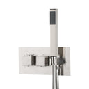 A modern wall-mounted thermostatic shower fixture with a rectangular backplate, vertical brushed nickel handle, flexible coiled shower hose, and handheld shower head, shown against a plain white background.