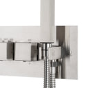 A modern wall-mounted thermostatic shower fixture with a rectangular backplate, vertical brushed nickel handle, flexible coiled shower hose, and handheld shower head, shown against a plain white background.
