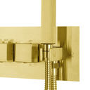 A modern wall-mounted thermostatic shower fixture with a rectangular backplate, vertical brushed gold handle, flexible coiled shower hose, and handheld shower head, shown against a plain white background.