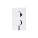 A wall-mounted two-handle pressure balance shower valve trim set with a polished chrome faceplate, polished chrome controls, and brass connection ports on the side, shown against a plain white background.