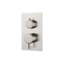A wall-mounted two-handle pressure balance shower valve trim set with a brushed nickel faceplate, brushed nickel controls, and brass connection ports on the side, shown against a plain white background.
