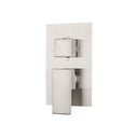 A modern wall-mounted pressure balance shower valve trim with a brushed nickel  faceplate, square lever and knob, and brass connection ports on the back.