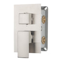 A modern wall-mounted pressure balance shower valve trim with a brushed nickel  faceplate, square lever and knob, and brass connection ports on the back.
