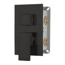 A modern wall-mounted pressure balance shower valve trim with a matte black faceplate, square lever and knob, and brass connection ports on the back.