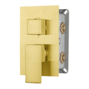 A modern wall-mounted pressure balance shower valve trim with a brushed gold faceplate, square lever and knob, and brass connection ports on the back.