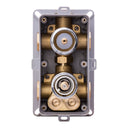 A wall-mounted two-handle thermostatic shower mixing valve trim with a polished chrome faceplate, round control knobs, and brass connection ports on the side.