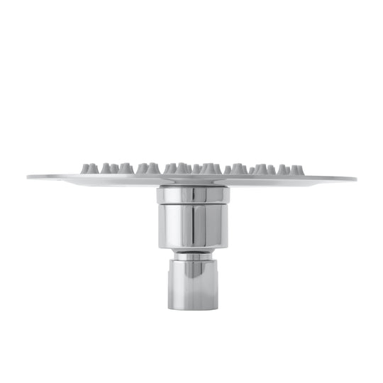 BAI 42000 round polished chrome 6-inch shower head plate with multiple small gray silicone nozzles arranged in concentric circles, shown on a plain white background.