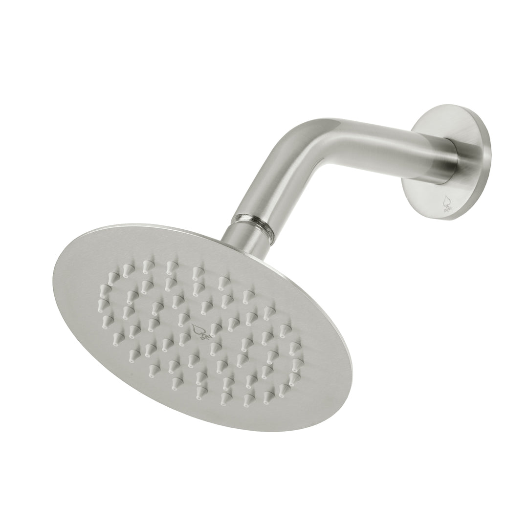 BAI 42001 round brushed nickel 6-inch shower head plate with multiple small gray silicone nozzles arranged in concentric circles, shown on a plain white background.
